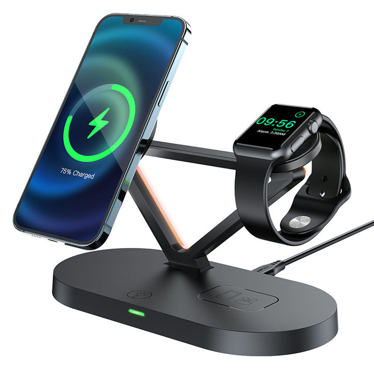 صورة Acefast 15W Qi Wireless Charger for iPhone (with MagSafe), Apple Watch and Apple AirPods Stand Holder Magnetic Holder Black