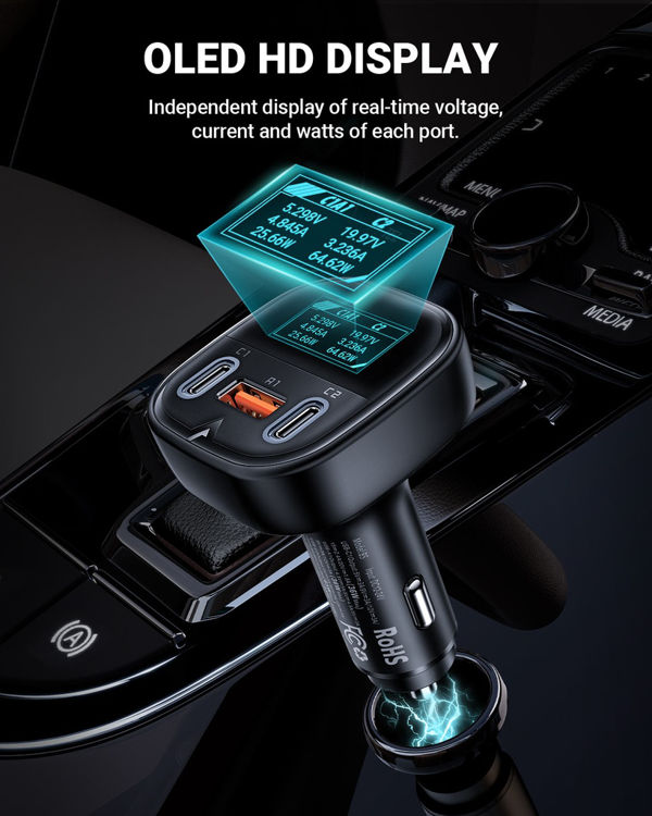 صورة Acefast Fast Car Charger 101W (2xUSB-C+USB-A) with OLED Smart Display