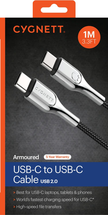صورة Cygnett Armour 2.0 USB-C to USB-C 5A/100W 1M (Black)