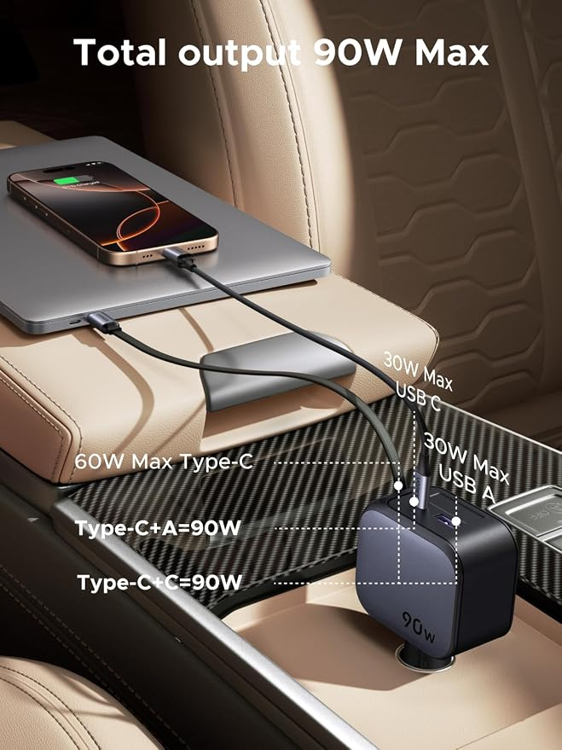 Picture of UGREEN 90W Car Charger with 60W Retractable USB-C Cable