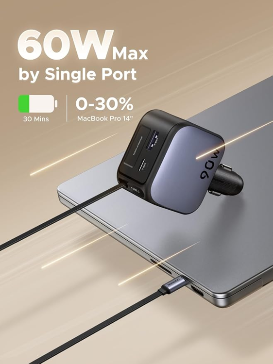 Picture of UGREEN 90W Car Charger with 60W Retractable USB-C Cable