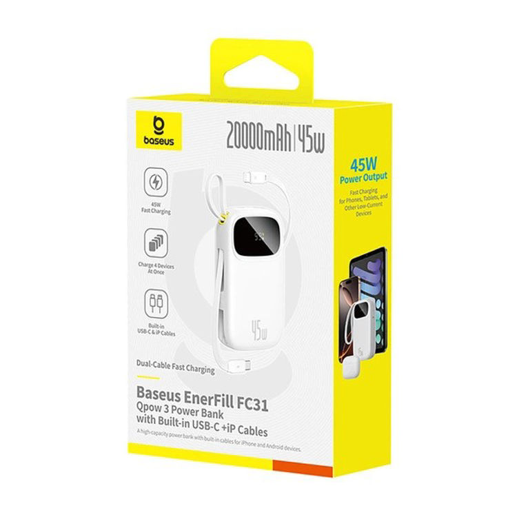 Picture of Baseus EnerFill FC31 QPow3 20000mAh 45W Powerbank with Digital Display and 2 Built-in Cables (USB-C + Lightning) - White