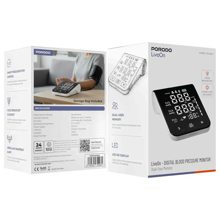 Picture of Porodo Rechargeable Upper Arm BP Monitor - White 