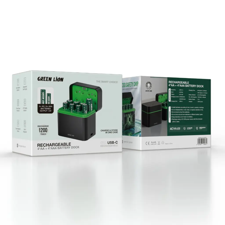 Picture of Green Lion RECHARGEABLE 4*AA + 4*AAA Battery Dock USB-C - Black