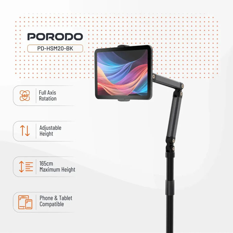 Picture of Porodo 360° Rotatable & Adjustable Cantilever Bracket Phone & Tablet Floor Stand 1.65m