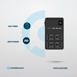Picture of Powerology 4 AC Power Socket With X2  PD20W and  X3  QC3.0 Port with USB -C PD20W & Lightning cable (3m wire)  - Black