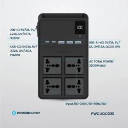 Picture of Powerology 4 AC Power Socket With X2  PD20W and  X3  QC3.0 Port with USB -C PD20W & Lightning cable (3m wire)  - Black