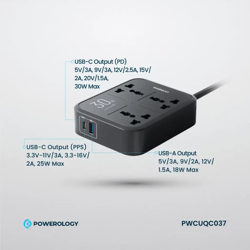 Picture of Powerology 30W Wall Socket UK Plug 3 AC*1 USB-A*1 USB-C with 2m USB-C Cable
- Black"