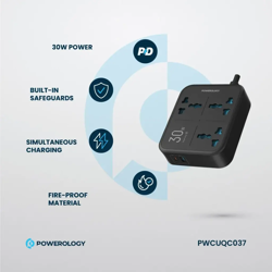 Picture of Powerology 30W Wall Socket UK Plug 3 AC*1 USB-A*1 USB-C with 2m USB-C Cable
- Black"