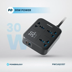 Picture of Powerology 30W Wall Socket UK Plug 3 AC*1 USB-A*1 USB-C with 2m USB-C Cable
- Black"