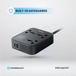 Picture of Powerology 30W Wall Socket UK Plug 3 AC*1 USB-A*1 USB-C with 2m USB-C Cable
- Black"
