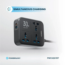 Picture of Powerology 30W Wall Socket UK Plug 3 AC*1 USB-A*1 USB-C with 2m USB-C Cable
- Black"