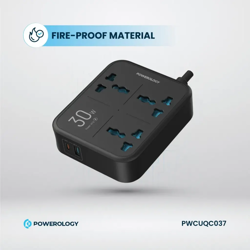 Picture of Powerology 30W Wall Socket UK Plug 3 AC*1 USB-A*1 USB-C with 2m USB-C Cable
- Black"