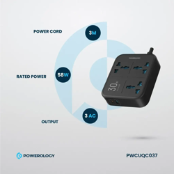 Picture of Powerology 30W Wall Socket UK Plug 3 AC*1 USB-A*1 USB-C with 2m USB-C Cable
- Black"