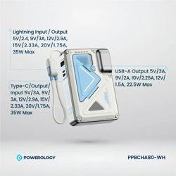 Picture of Powerology 10000mAh MagSafe Wireless Power Bank with Type-C & Lightning Cable Adapter - White