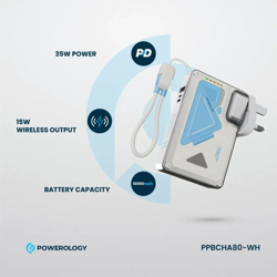 Picture of Powerology 10000mAh MagSafe Wireless Power Bank with Type-C & Lightning Cable Adapter - White