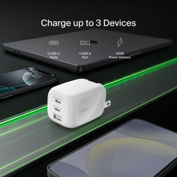 Picture of Belkin 3-Port USB-C Plug 100W, Gan Wall Charger With 2X USB-C & 1 USB-A Ports,